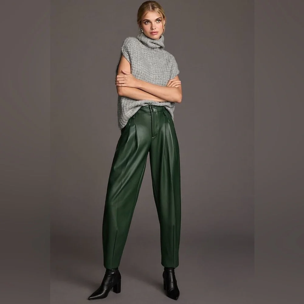 Anthropologie || Maeve Faux Leather Taper Pleated Pants Green 14 - Picture 1 of 11